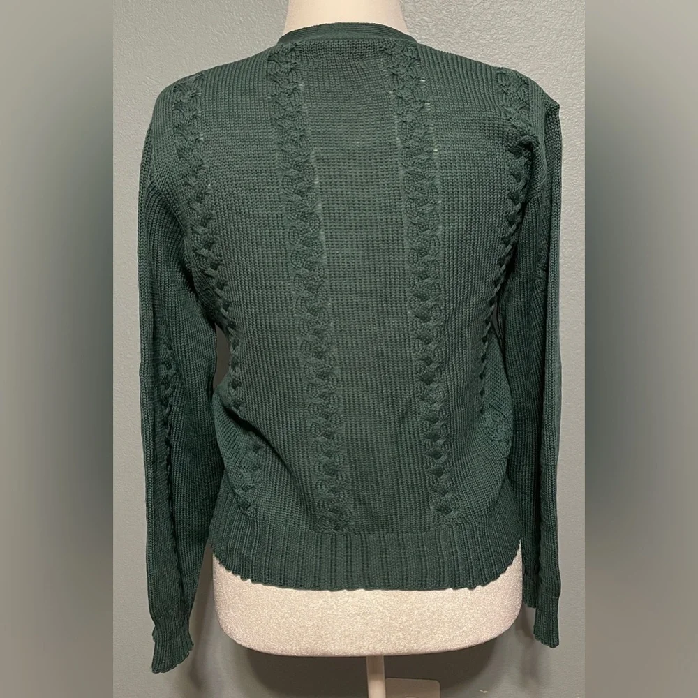 Forest Green Cable Knit Sweater 100% Wool Pullover Cozy Knit Preppy Medium - Picture 3 of 6